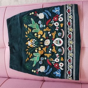 New Embroidered Mini Teal Corduroy Skirt